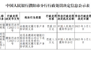 范县德商村镇银行因未按规定履行客户身份识别义务被罚22万元