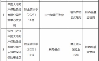 大地财险西安中心支公司内控管理不到位被罚 涉事员工因职务侵占被禁业10年