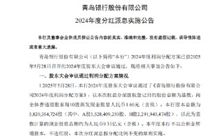 青岛银行：2024年度分红拟每10股派发现金股息人民币1.60元