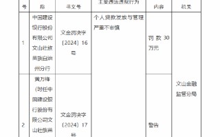 建设银行文山壮族苗族自治州分行被罚30万元：因个人贷款发放与管理严重不审慎