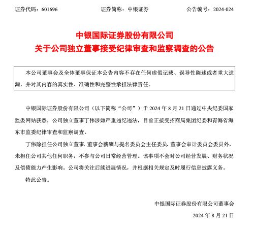 中银证券独立董事、杭州银行拟任独立董事丁伟接受纪律审查和监察调查