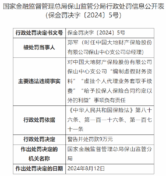 大地保险保山中心支公司被罚50万元：因编制虚假财务资料等违法违规事实